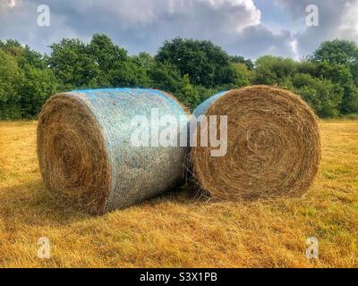 Heuballen auf einer Hampshire-Wiese im Spätsommer Stockfoto
