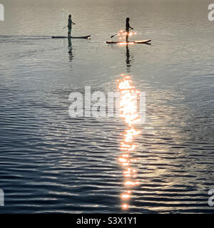 Eine Mutter und Tochter zusammen auf SUPs Stand Up Paddleboarding auf einem skandinavischen See in der Sommersonne auf einem Familienurlaub Stockfoto