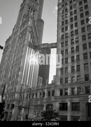 Das Wrigley Building auf der Magnificent Mile in Chicago, USA, mit der Abendsonne, die vom South Tower reflektiert wird, und einem Blick auf den 14.-stöckigen Gehweg. Stockfoto