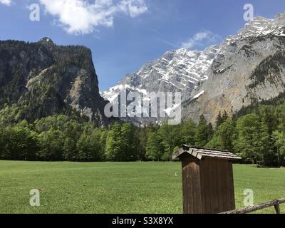 Blick auf die Berchtesgadener Alpen, Bayern, Deutschland. Stockfoto