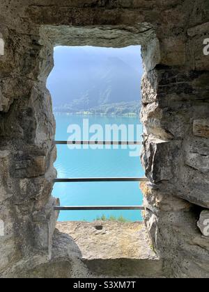 Blick auf das türkisfarbene Wasser des Brienzersees von der Ringgenberg-Ruine Stockfoto