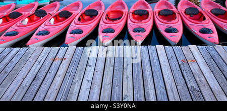 Rote Kajaks standen auf einem Dock. Stockfoto