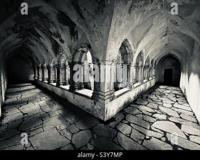 Schwarz-weiße Klöster der verlassenen Muckross-Abtei in der Grafschaft Kerry, Killarney, Irland Stockfoto