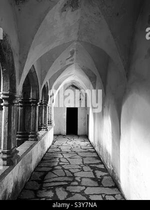 Schwarz-Weiß-Aufnahme der verlassenen Ruinen des muckross-Abteiklosters Stockfoto