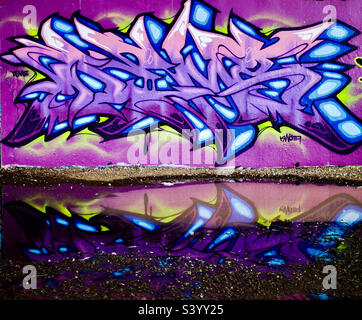 Unglaubliche Straßenkunst spiegelt sich in einer Pfütze wider. Stockfoto