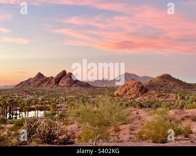 Blick vom Governor Hunt Tomb mit Blick auf Papago Park, Hole-in-the-Rock, Camelback Mountain, Phoenix Zoo, hellblauer und rosa Sonnenuntergang, Kaktus, Desert Botanical Garden, Oasis Teich, Palmen Arizona Stockfoto