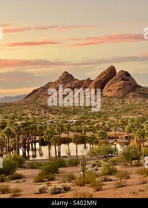 Blick vom Governor Hunt Tomb auf die Papago Park Oase wie einen Teich in der Wüste, gesäumt von Palmen, Steinberge und Sonnenuntergang im Hintergrund, Phoenix Arizona Stockfoto