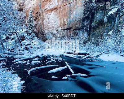 Eiskalter, gefrorener Bach mit schneebedeckten Baumstämmen im Winterwunderland, Sedona Arizona, West Fork, Oak Creek Canyon, vereiste Baumzweige, Rote Felsenklippen, grüne schneebedeckte Kiefern, blaues Eiswasser Stockfoto