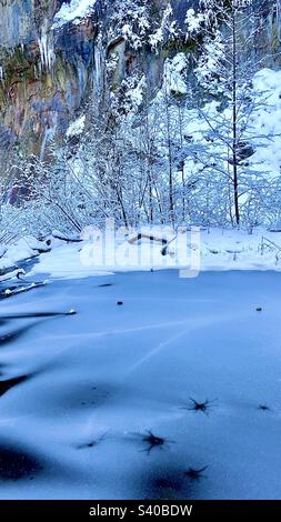 Bahnbrechende Felssterne in Eis, Risse, schneebedeckte Bäume, rote Felsklippen, eiskaltes Wasser, Gefrorener Bach, Winterwunderland, Coconino National Forest, Sedona AZ Stockfoto