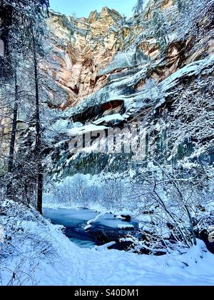 Winterwunderland, West Fork Oak Creek Canyon, Sedona, Arizona, Red Rock - Secret Mountain Wilderness, Coconino National Forest, eisblauer Bach, schneebedeckte Zweige, frischer Schneefall, Hoch aufragende Klippen Stockfoto