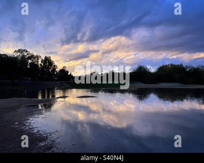 Sonnenuntergang Blues, goldene Highlights, reflektierend, friedliches Leben, ruhige Freude, Arizona-Himmel-Reflexionen in ruhigen Gewässern des Teiches Stockfoto