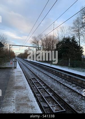 Frost auf dem Metrolink in Großraum Manchester Stockfoto