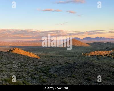 Nur das Hochland mit untergehender Sonne, Desert Vista Trailhead, Sonoran Preserve, Arizona Sonnenuntergang, blauer und goldener Himmel, orangefarbene Highlights, Wolkenbank, violette Berggipfel Stockfoto