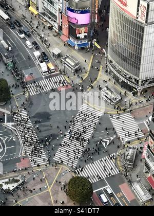 Von der Aussichtsplattform auf dem Gipfel des Shibuya Scramble Wolkenkratzers in Tokio, Japan, blicken Sie auf die berühmte Kreuzung von Shibuya. Stockfoto