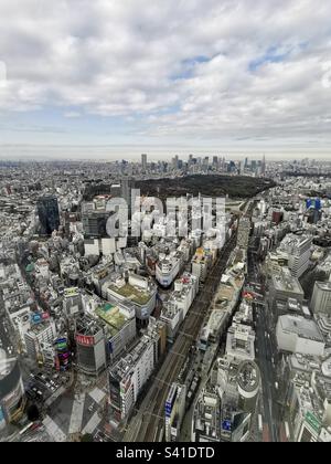 Blick auf Tokio vom Shibuya Sky auf dem Gipfel des Wolkenkratzers des Shibuya Scramble Square in Tokio, Japan. Stockfoto