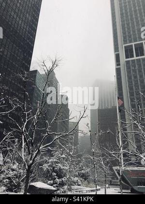 Schnee bedeckt Gebäude, Seitenstraßen und Bäume im Financial District, Manhattan, USA und USA Flagge. Verschneiter und nebiger Tag in Manhattan Stockfoto
