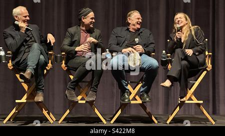 Banshees von Inisherin Q&A: Martin McDonagh (Schriftsteller und Direktor), Colin Farrell (Pádraic Súilleabháin), Brendan Gleeson (Colm Doherty) und Kerry Condon (Siobhán Súilleabháin). Stockfoto