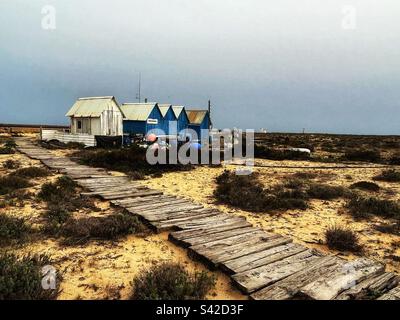 Traditionelle Häuser Ilha Deserta, Insel, jetzt leer im Ria Formosa Nationalpark in Portugal - Pfad Strand Praia Stockfoto