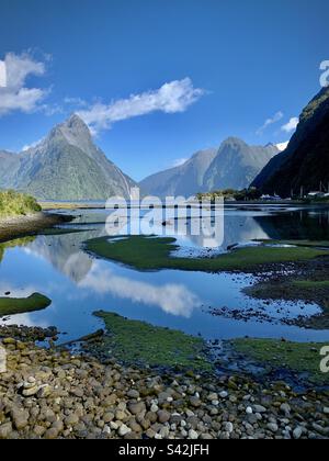 Unglaubliches Morgenlicht bei Sonnenaufgang und lange weiße Wolken über dem Mitre Peak am ruhigen Milford Sound auf der Südinsel Neuseelands Stockfoto