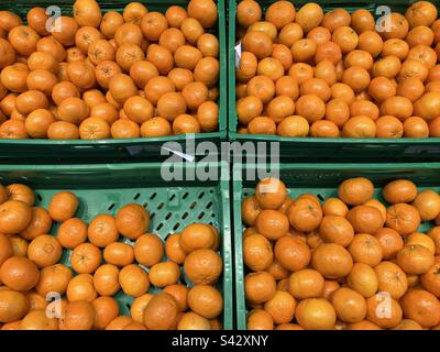 Frische Orangen aus biologischem Anbau zum Verkauf in einem Supermarkt in der Provinz Alicante, Spanien Stockfoto