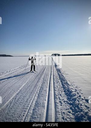 Eine Frau, die auf einem gefrorenen See im nördlichen Polarkreis Finnlands Skilanglauf fährt Stockfoto