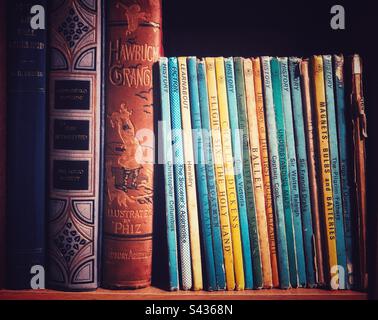 Alte und klassische Retro-Bücher auf einem staubigen, alten Bücherregal mit Kopierbereich Stockfoto