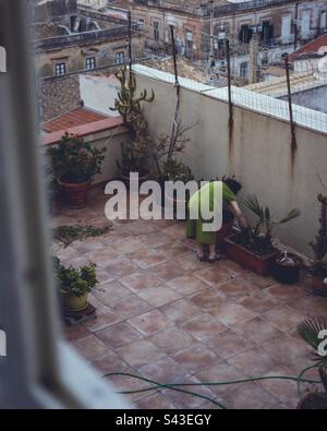 Ältere Frau in grünem Kleid wäscht und pflegt Pflanzen im Dachgarten in Syrakus, Sizilien. Stockfoto