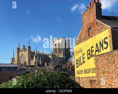 Ein Landschaftsblick auf das Stadtzentrum von York in Großbritannien mit einer klassischen Bike Beans-Werbung und dem York Minster Stockfoto