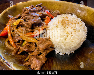 Rinderbulgogi, ein koreanisches Gericht, serviert mit Reis in einem Restaurant. Stockfoto