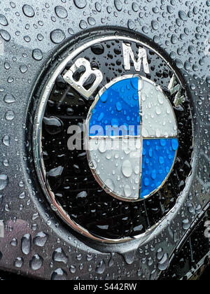 BMW-Abzeichen mit Regentropfen Stockfoto