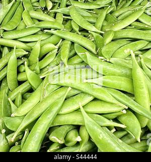 Grüne Erbsen in einem Abfalleimer im Supermarkt Stockfoto