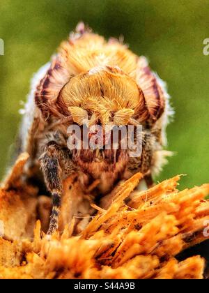 Buff-Spitzentopf (Phalera bucephala) Nahaufnahme des Kopfes Stockfoto