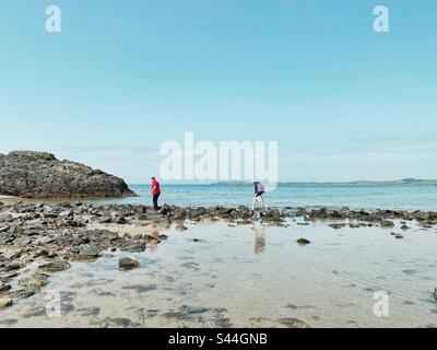 Die Leute überqueren von Newborough Beach nach Llandwyn Island vor Ebbe, Anglesey, Nordwales Stockfoto