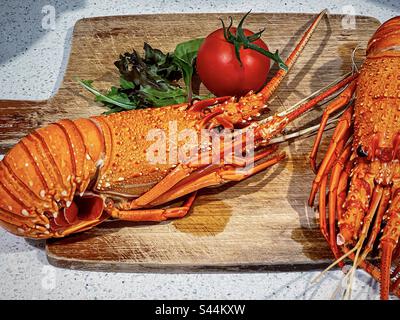 Blick aus einem hohen Winkel auf zwei gekochte westliche Hummer zusammen mit Salatblättern und einer Tomate auf Holzbrettern auf Küchenarbeitsflächen. Stockfoto