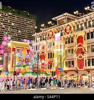 Jahr des Hasen, Dekoration des chinesischen Neujahrs auf der New Bridge Road und EU Tong Sen Street Chinatown Singapur Stockfoto