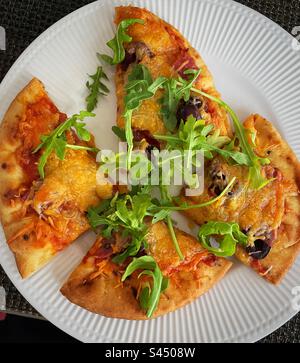 Flache Lage einer hausgemachten Gourmet-Fladenbrotpizza mit Salami, Tomatensauce mit schwarzen Oliven und Käse mit Garnierung aus Rucola, 2023, USA Stockfoto