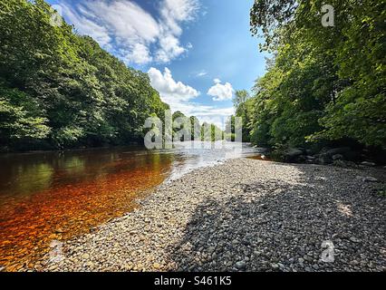 Die Swale vom Kieselufer Richmonds aus im Sommer im Sonnenschein. Das Wasser erscheint im Sommer 2023 an manchen Stellen in einer ungewöhnlichen orangefarbenen Farbe. Stockfoto