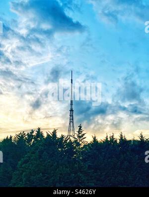 Crystal Palace Sendestation oder Arqiva Crystal Palace ist ein Rundfunk- und Telekommunikationsstandort und Turm, der bei Sonnenuntergang vom Crystal Palace Park aus gesehen wurde - John Logie Baird nutzte diesen Ort Stockfoto