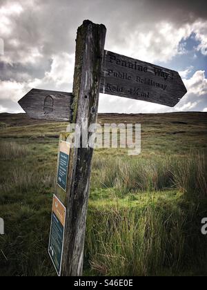 Hölzerner Wegweiser entlang des Pennine Way in den Yorkshire Dales. Stockfoto