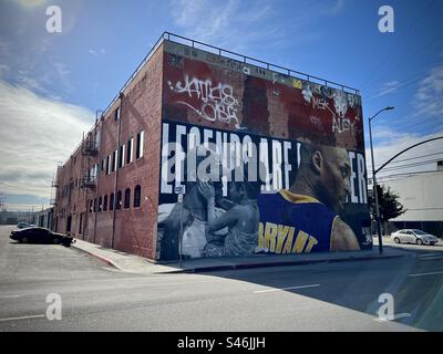 LOS ANGELES, CA, JAN 2023: Wandgemälde des Basketballsportlers Kobe Bryant von LA Lakers, gemalt auf einer Gebäudewand im Arts District, Downtown Stockfoto