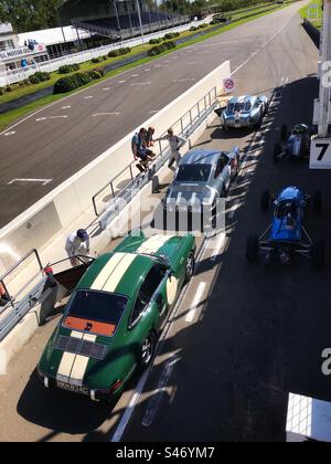 Die 1960er Porsche 911er reihten sich in der Pit Lane auf der Goodwood Rennstrecke Chichester UK ein Stockfoto