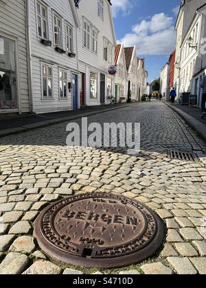 Kopfsteinpflasterstraße mit weißen Holzhäusern bryggen in norwegen Stockfoto