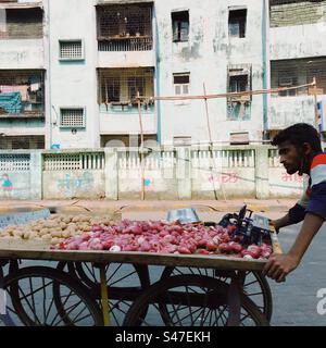 Ein Mann, der Zwiebeln und Kartoffeln auf einem Wagen in Indien verkauft Stockfoto