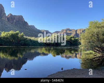 Salt River Reflections, Superstition Mountains, goldene Herbstfarben, strahlend blauer Himmel, Tonto National Forest, North Water Users Circle, Mesa, Arizona Stockfoto