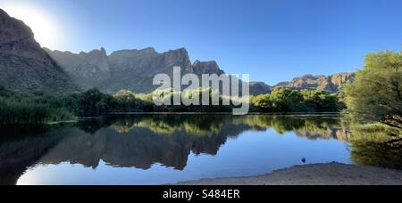 Salt River reflections, Superstition Mountains, fall golden colors, brilliant blue sky, Tonto National Forest, North Water Users Circle, Mesa, Arizona Stock Photo