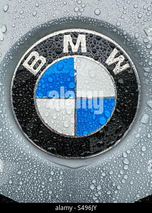 Nahaufnahme eines BMW-Emblems an einem Fahrzeug bei Regen Stockfoto