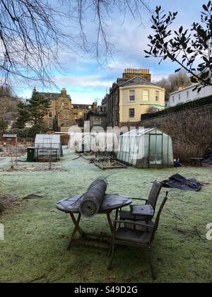 Frostige Kleingärten, Dunkeld, Schottland Stockfoto