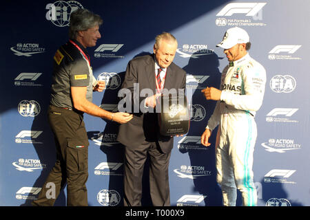 © Foto 4/LaPresse 16/03/2019 Melbourne, Australien Sport Formel 1 Grand Prix von Australien 2019 In der Pic: Qualifying, Feier: Pole Posotion Lewis Hamilton (GBR) Mercedes AMG W 1 W 10 EQ-Power, Platz 2 Valtteri Bottas (FIN) Mercedes AMG W 1 W 10 EQ-Power, Platz 3, Sebastian Vettel (GER) Scuderia Ferrari SF 90 Stockfoto