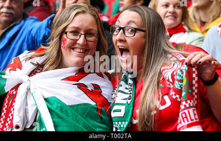 Fürstentum Stadium, Cardiff, UK. 16 Mär, 2019. Guinness sechs Nationen Rugby, Wales im Vergleich zu Irland, Wales Fans genießen Sie die Atmosphäre vor dem Kick off Credit: Aktion plus Sport/Alamy leben Nachrichten Stockfoto