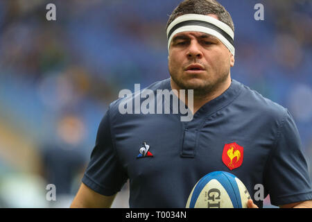 Rom, Italien. 16. März, 2019. Frankreich's Captain Guilhem Guirado während der Aufwärmphase vor dem Spiel gegen Italien in Guinness Six Nations 2019 © Massimiliano Carnabuci/Alamy Live News Credit: Massimiliano Carnabuci/Alamy leben Nachrichten Stockfoto